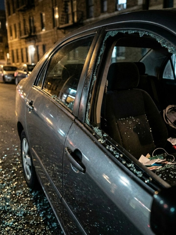 Coche sin proteger: ventanilla reventada y cristales por el suelo