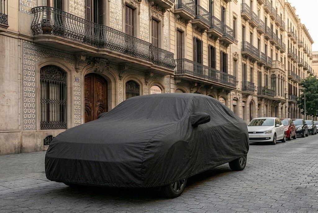 Coche completamente cubierto con la funda ARVEX en una calle de Barcelona