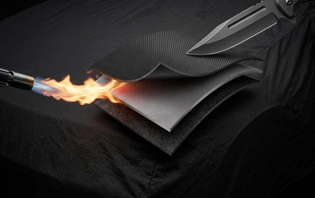 Capas del tejido técnico ARVEX: capa anticorte, escudo antifuego y forro protector, con un cuchillo que no penetra
